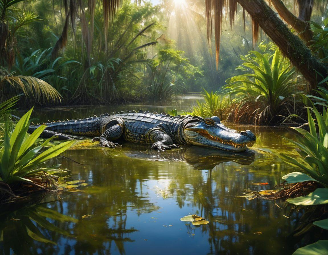 A lush Florida wetland teeming with life, showcasing a majestic alligator basking in the sun among vibrant green vegetation. In the background, a serene ecosystem filled with diverse wildlife, including birds and turtles, complements the scene. Soft sunlight filters through the leaves, highlighting the beauty of conservation efforts. Emphasize a sense of adventure and wonder in nature. super-realistic. vibrant colors.