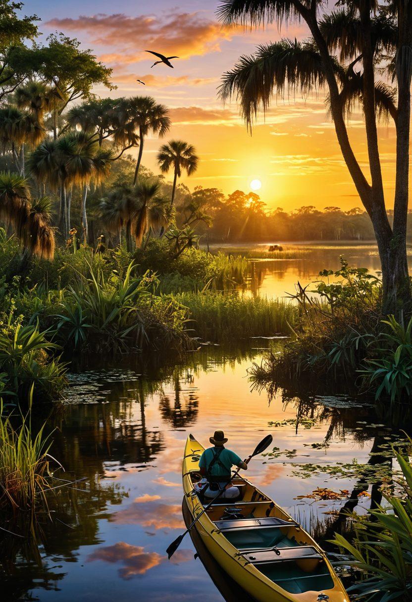 A vibrant swamp scene showcasing diverse wildlife like alligators and herons amidst lush, green wetlands. Include people kayaking and birdwatching, highlighting the spirit of adventure and conservation. Capture the essence of Florida's natural beauty with a sunrise casting warm golden hues. super-realistic. vibrant colors. nature-focused.