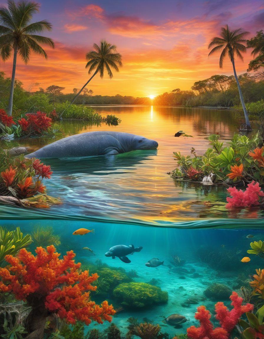 A vibrant collage of Florida's diverse ecosystems featuring lush wetlands, vibrant mangroves, and colorful coral reefs. Showcase native wildlife such as manatees, alligators, and various bird species amidst a background of a bright sunset. Include elements like sea turtles and tropical flowers to enhance biodiversity. Emphasize the theme of conservation and harmony. super-realistic. vibrant colors. 3D.